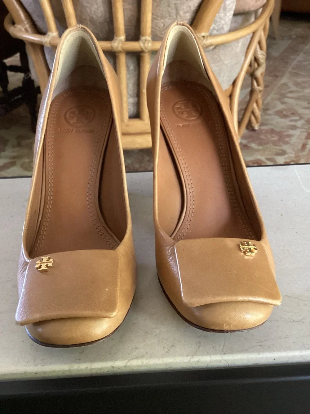 Tory Burch Tan Leather Block Heel Pumps with Gold Logo